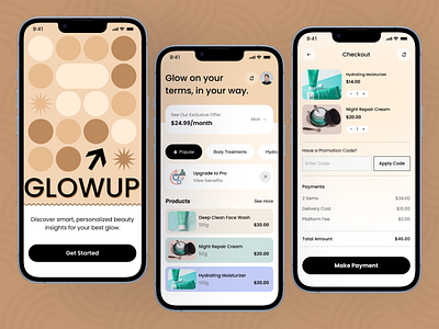 GlowUp Healthcare Mobile App UI/UX 3d application design clean ui design services healthcare healthcare design landing page mobile app mobile application design mobile ui motion graphics saas swan design agency ui uiux ux design ux research website design