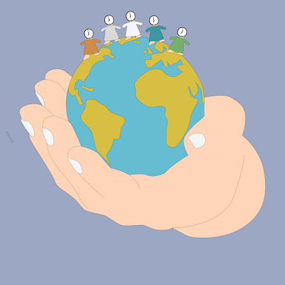 Hands Holding Earth with Clock Head People Around the World Vect world care