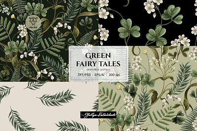 Seamless pattern "Green Fairy Tales" botanical branding design illustration logo pattern seamless textile trees vintage