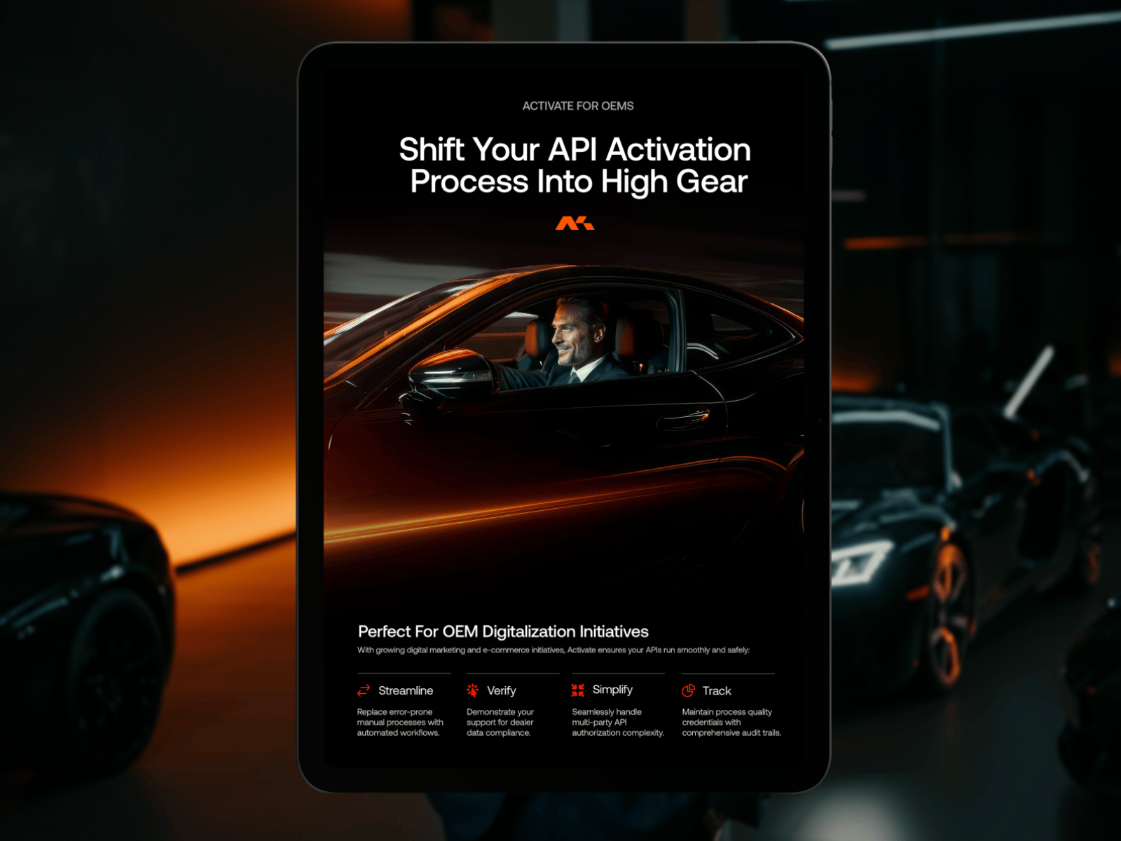 Shift into High Gear (Motive Retail) activation api automotive branding cars corporate data dealer gradient graphic design high gear midjourney motion blur oem orange pdf process saas software visual electric
