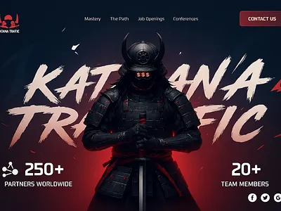 Katana Traffic – Bold Samurai Themed Website Design bold design branding design creative design custom illustration dark theme design inspiration hero section katana traffic landing page marketing website minimal ui samurai theme ui ux web design website design