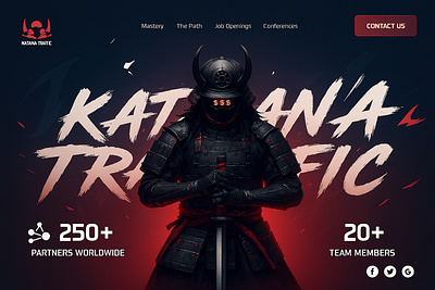 Katana Traffic – Bold Samurai Themed Website Design bold design branding design creative design custom illustration dark theme design inspiration hero section katana traffic landing page marketing website minimal ui samurai theme ui ux web design website design