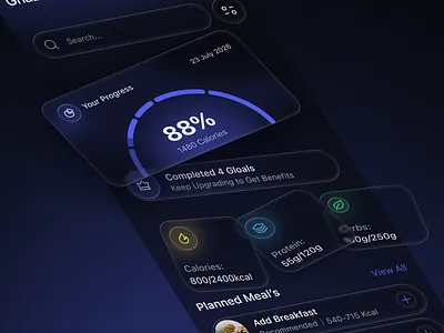 Dark Mode Fitness Tracker UI – Calorie & Nutrition Dashboard calorietracker darkmode figma glass fitness fitnessapp glass glass design glass ui glassfigma gym liquid liquid glass mobileappdesign mobiledesign neumorphism nutritiontracker workout workout app