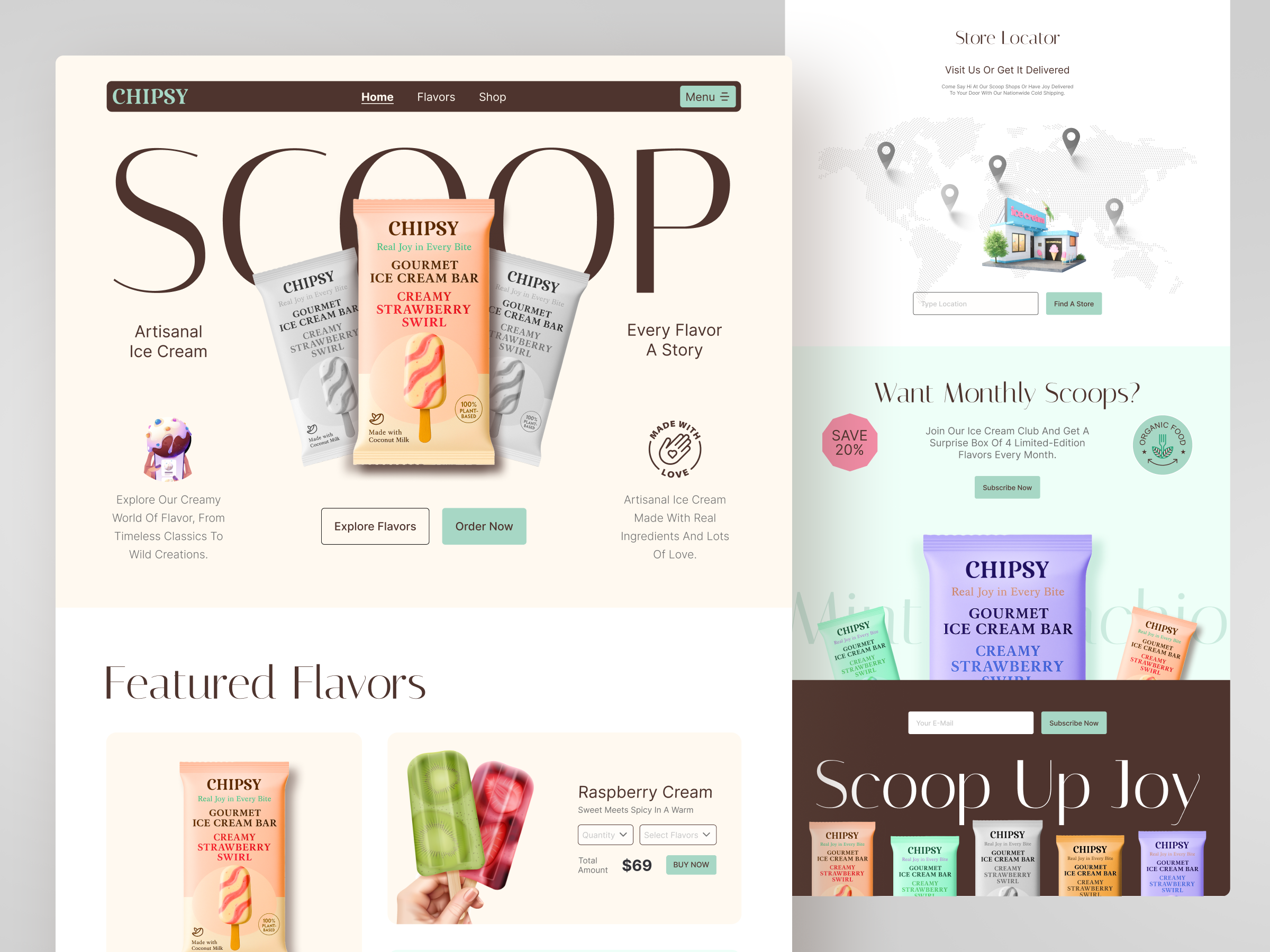 Chipsy Ice Cream E-commerce Website Design branding buy details ecommerce figma design ice cream ice cream shop ice cream website landing page marketing minimalist modern web online store product product details shopify store ui design ux web ui