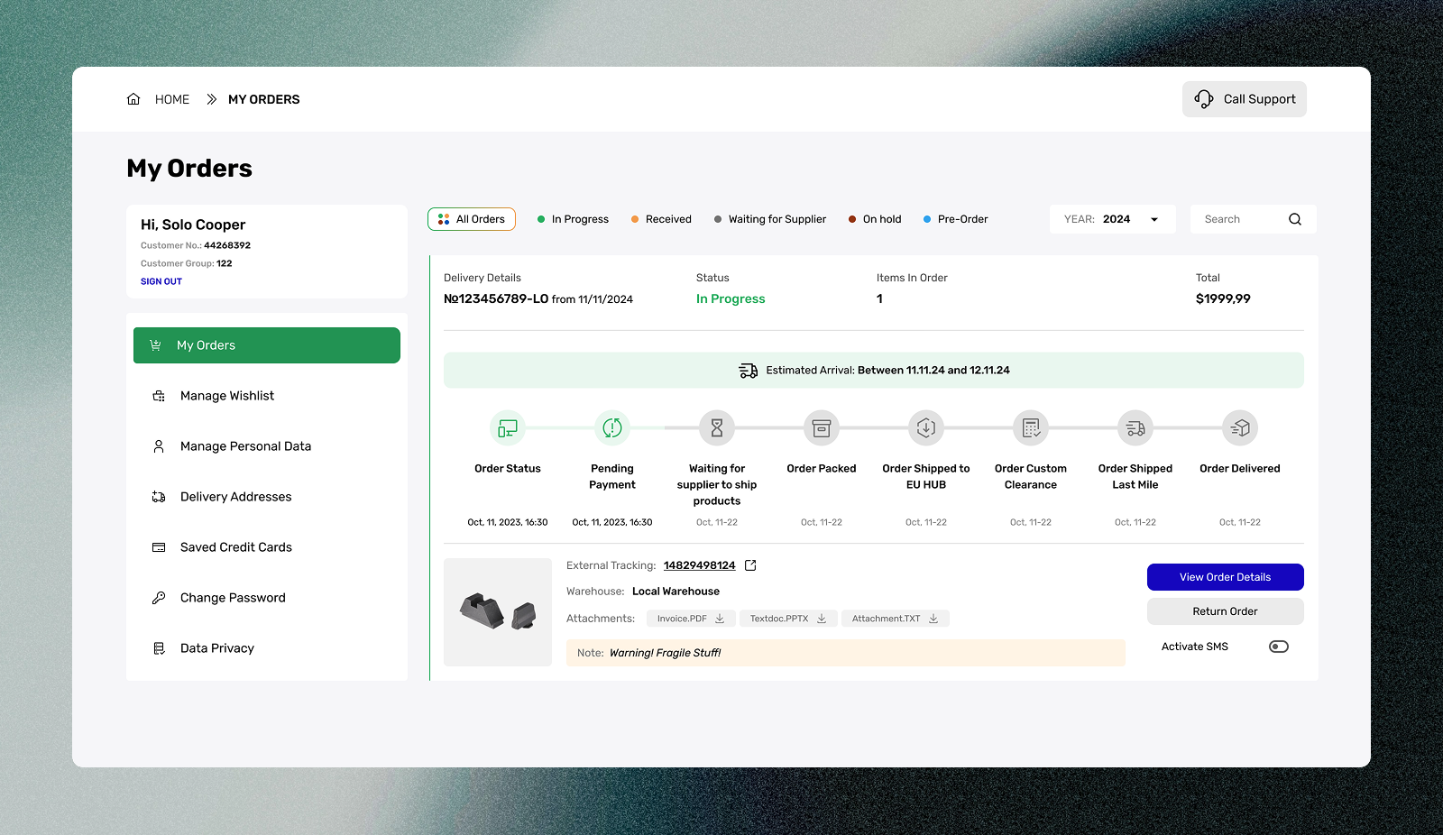 My Orders Page From the Gun Parts Shop dashboard interface product design ui ux