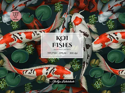 Seamless pattern "Koi Fishes" branding chinoiserie fish illustration koi oriental pattern seamless textile vintage