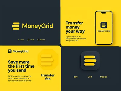MoneyGrid – Modern Digital Money Transfer Branding Concept appdesign branding brandingdesign creativedesign digitalbanking fintechdesign graphic design logo logodesign minimaldesign mobileapp modernbranding moneytransfer paymentapp userinterface yellowtheme