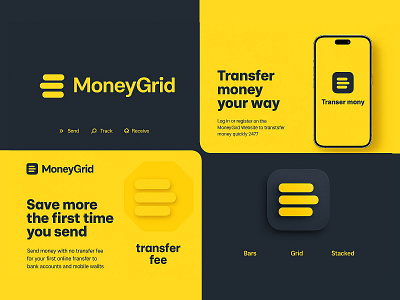 MoneyGrid – Modern Digital Money Transfer Branding Concept appdesign branding brandingdesign creativedesign digitalbanking fintechdesign graphic design logo logodesign minimaldesign mobileapp modernbranding moneytransfer paymentapp userinterface yellowtheme