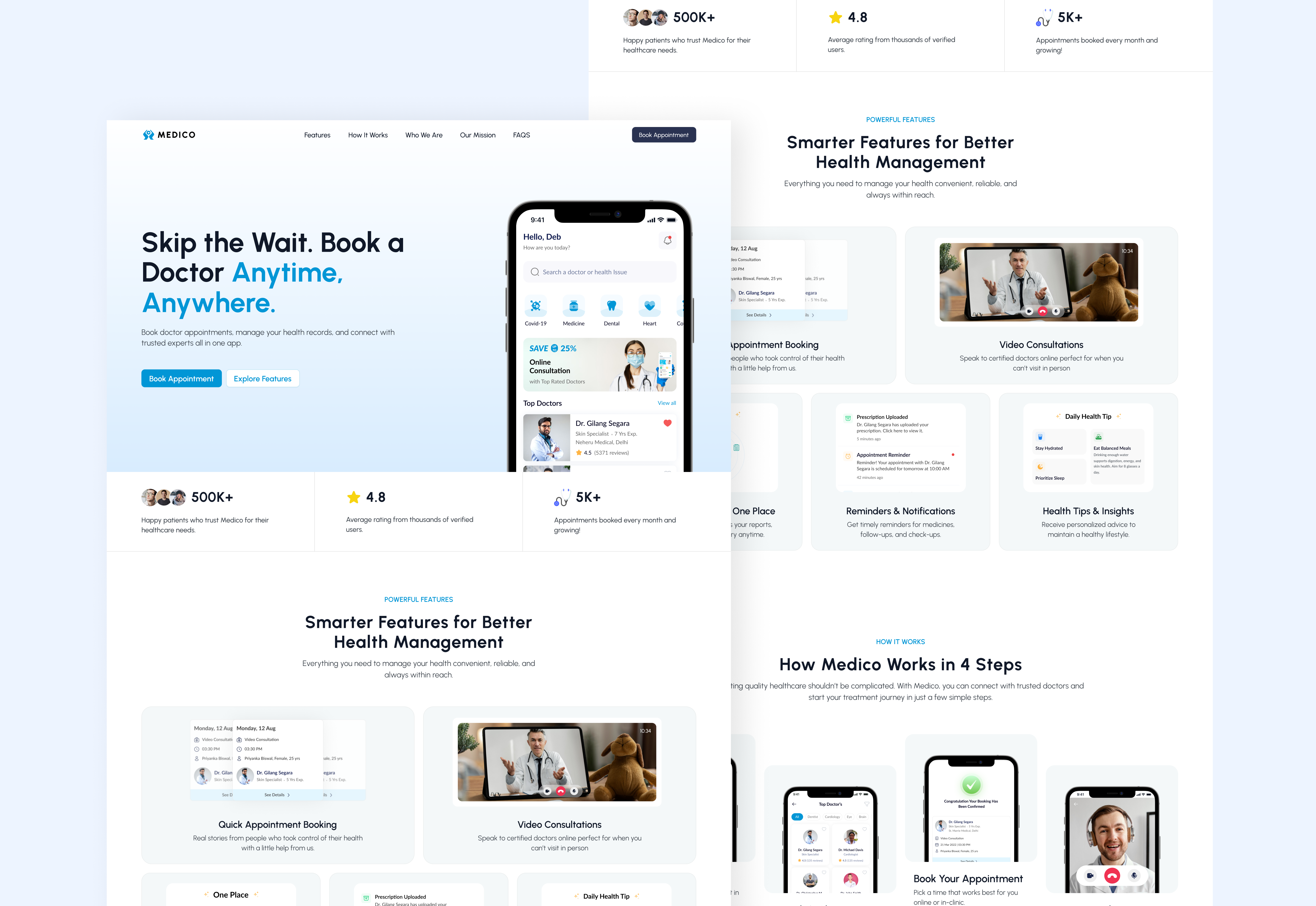Website Landing Page app app downloads branding design features section graphic design helath website hero section home page how it works illustration landing page landingpagedesign logo medical ui medicalapp ux vector website webui
