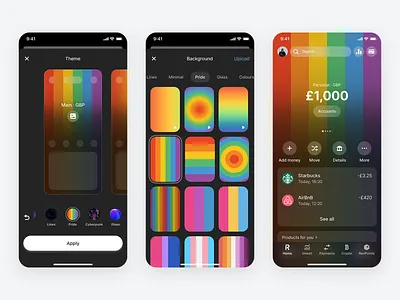 Revolut Pride Theme animation clean design graphic design lgbtq minimal mobile pride product design rainbow revolut ui ux wallpaper
