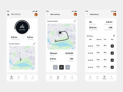 Ride Tracker App UI activity tracking app app interface choton99design cycling app ui dashboard design design figma design gps tracking app minimal ui mobile application mobile ui design modern app ride history ride tracker speed tracker ui ui kit ux ux design