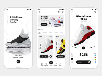 E-commerce mobile app cart interface choton99design clean interface design e commerce app fashion app design figma prototype interface design minimal ui mobile layout mobile ui design modern app product design product page design shoe store app shopping app concept sneaker shopping app