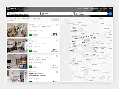 Property Rent Dashboard apartment app buy cards clean design fireart house listing map rent search ui ux