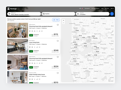Property Rent Dashboard apartment app buy cards clean design fireart house listing map rent search ui ux