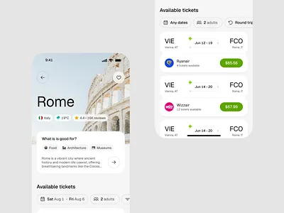 Destination screen description flights interaction light photo plan rome tickets travel ui ux white