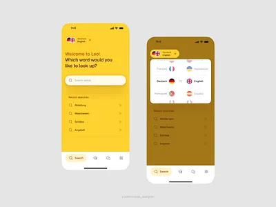 Educational app drawer education fun interaction languages learn light overlay picker search study translate ui ux yellow