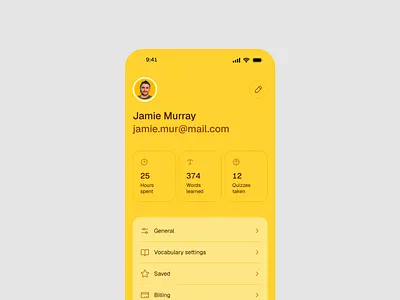 Profile achievements avatar edit education email interaction learn light menu name picture profile settings stats study ui ux yellow