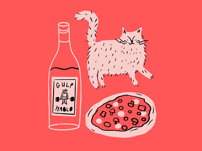 Friday night 🍷🐈🍕 cat design doodle illo illustration lol pizza sketch wine