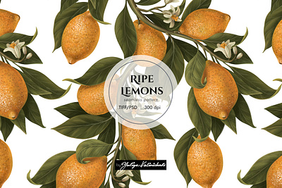 Seamless pattern "Ripe lemons" botanical branding illustration lemon pattern seamless textile trees vintage