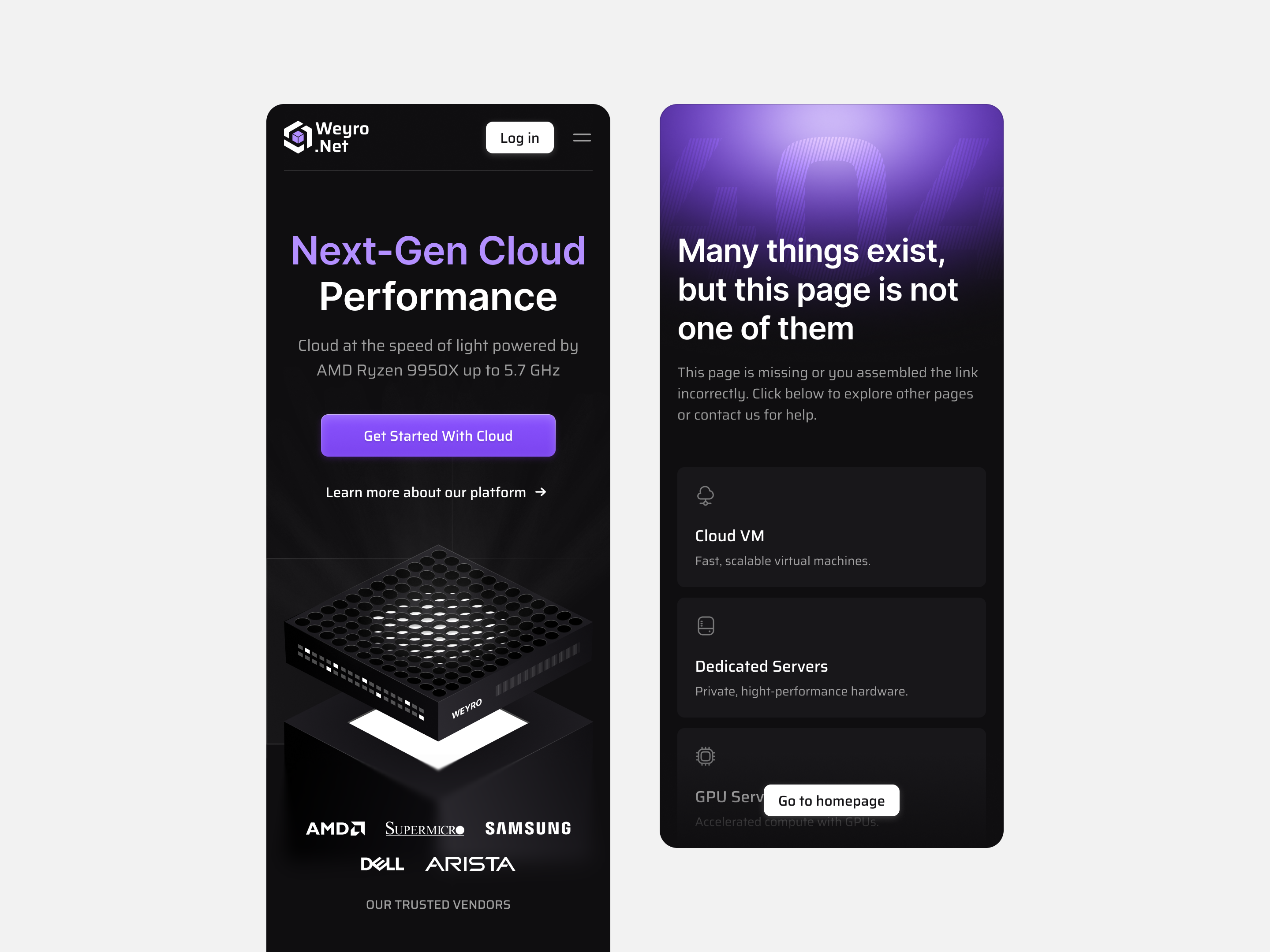 Weyro / cloud & dedicated server solutions (mobile) 404 branding c dark design figma hosting illustration logo mobile platform product design servers tech ui userexperience ux vps webdesign weyro