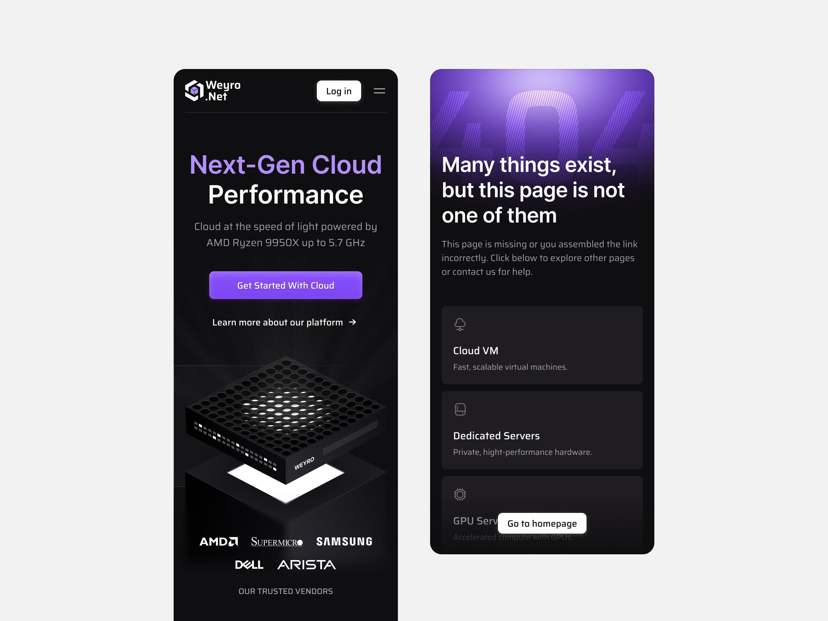 Weyro / cloud & dedicated server solutions (mobile) 404 branding c dark design figma hosting illustration logo mobile platform product design servers tech ui userexperience ux vps webdesign weyro