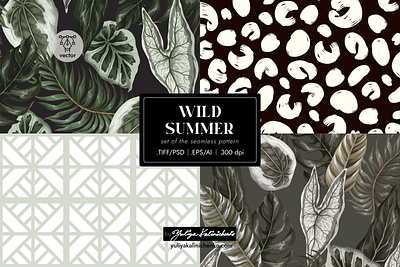 Seamless patterns "Wild summer" branding geometrical illustration leopard pattern seamless textile trees tropical vintage