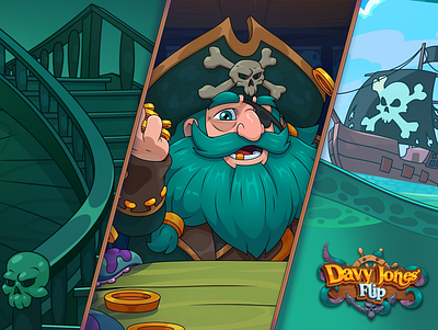 Davy Jones' Flip: Game illustrations art captain casual game coin flip davy jones game illustration game logo illustration ocean pirates sea ship slot illustration storm vector