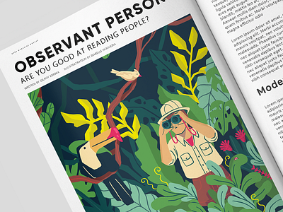 Magazine Article - Bird Watcher article bird bird watcher birds character design color color pallet editorial green illustration jungle magazine tropical