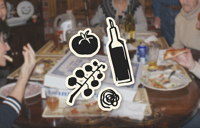 Scene from an Italian restaurant bianchi cooking family food graphic design illustration italian kitchen olive oil pasta red wine retro simple spot illustration spotillustrations summer tomatos white wine