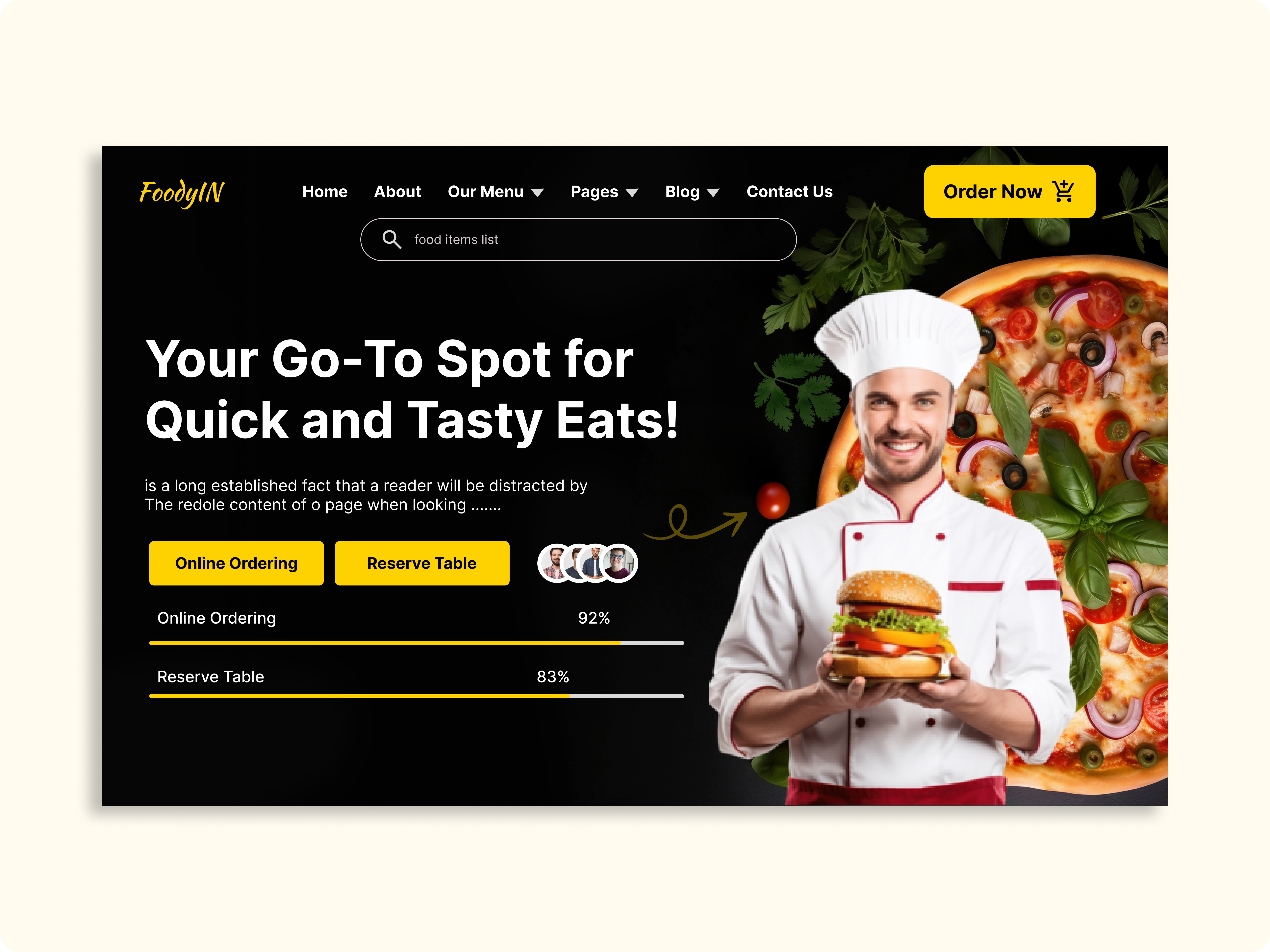Food Website Landing page Hero-Section IU Design 3d animation app branding figma food food website graphic design hero section icon landing page logo modern design restaurants typography ui ux vector web website