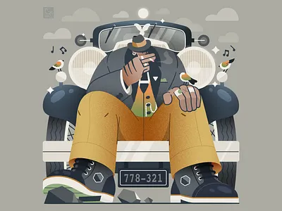Smoke break (v2) bird birds car character fashion flat illustration nature retro shoes smoke smoking vector vintage