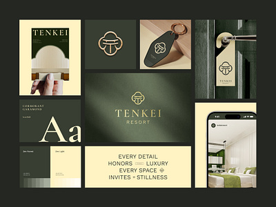 Tenkei Resort - Brand Implementation brand brand identity branding branding design graphic design hotel hotel brand hotel branding hotel logo logo logo design mark minimal mockup poster resort visual identity