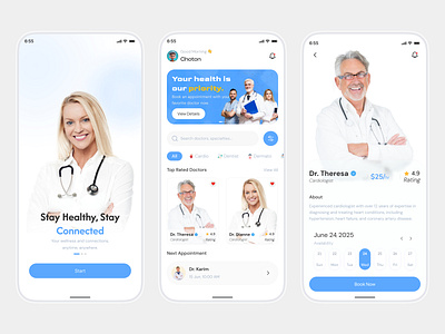 Doctor Appointment Mobile App – UI/UX Design choton99design doctor appointment figma health app interaction design ios design medical booking mobile app design mobile applications patient care prototyping telemedicine ui ui design uiux design user flow optimization ux ux research
