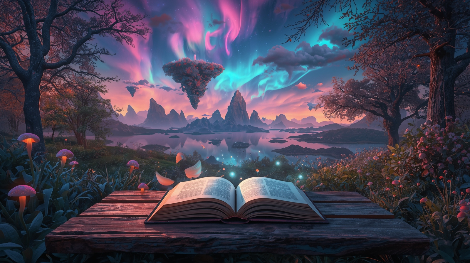 An Open Book in a Dreamscape 3d art ai art book colorful dreamscape environment evening fantasy floral flowers landscape magic mountains nature neon night open book realistic table trees