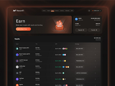 Earn Page - Crypto Vault & Lending Dashboard crypto app crypto dashboard crypto finance cryptocurrency defi design earn page design fintech dashboard investment dashboard lending platform ui vault ui web design web3