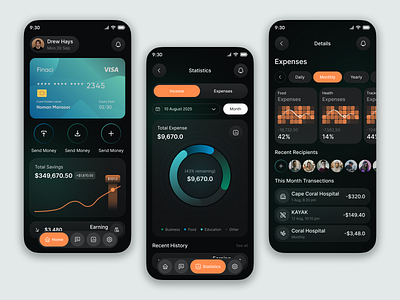 Finance App UI Design android screen design app app design dark theme dribbble ui designer expenses tracker finance app finance dashboard finance management app financeappuidesign fintechuidesign interface ui design ios minimal mobile app mobile app designer mobile banking ui playstore app ui design