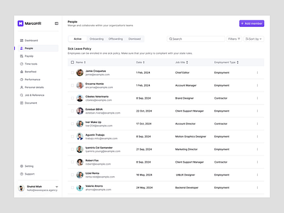 MarcoHR- Employee Management Dashboard admin dashboard analytics animation attendance tracker b2b dashboard flow data visualization design system detail page employee hiring hr leave policy management dashboard mockup payroll saas software startup webapp