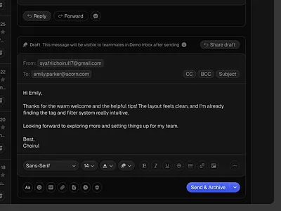 Inbox Web App Dark Mode: Draft Email Composer app design compose composer dark dark mode dark mode app design draft draft email dark email email app email compose email compose app email draft lfknvd mail mail app ui component uiux webapp