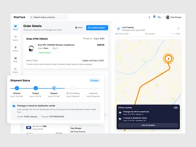 ShipTrack – Order & Delivery Tracking Dashboard app dashboard delivery graphic design mobile product responsive shipment shipping tracking ui uiux ux web