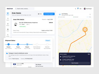 ShipTrack – Order & Delivery Tracking Dashboard app dashboard delivery graphic design mobile product responsive shipment shipping tracking ui uiux ux web