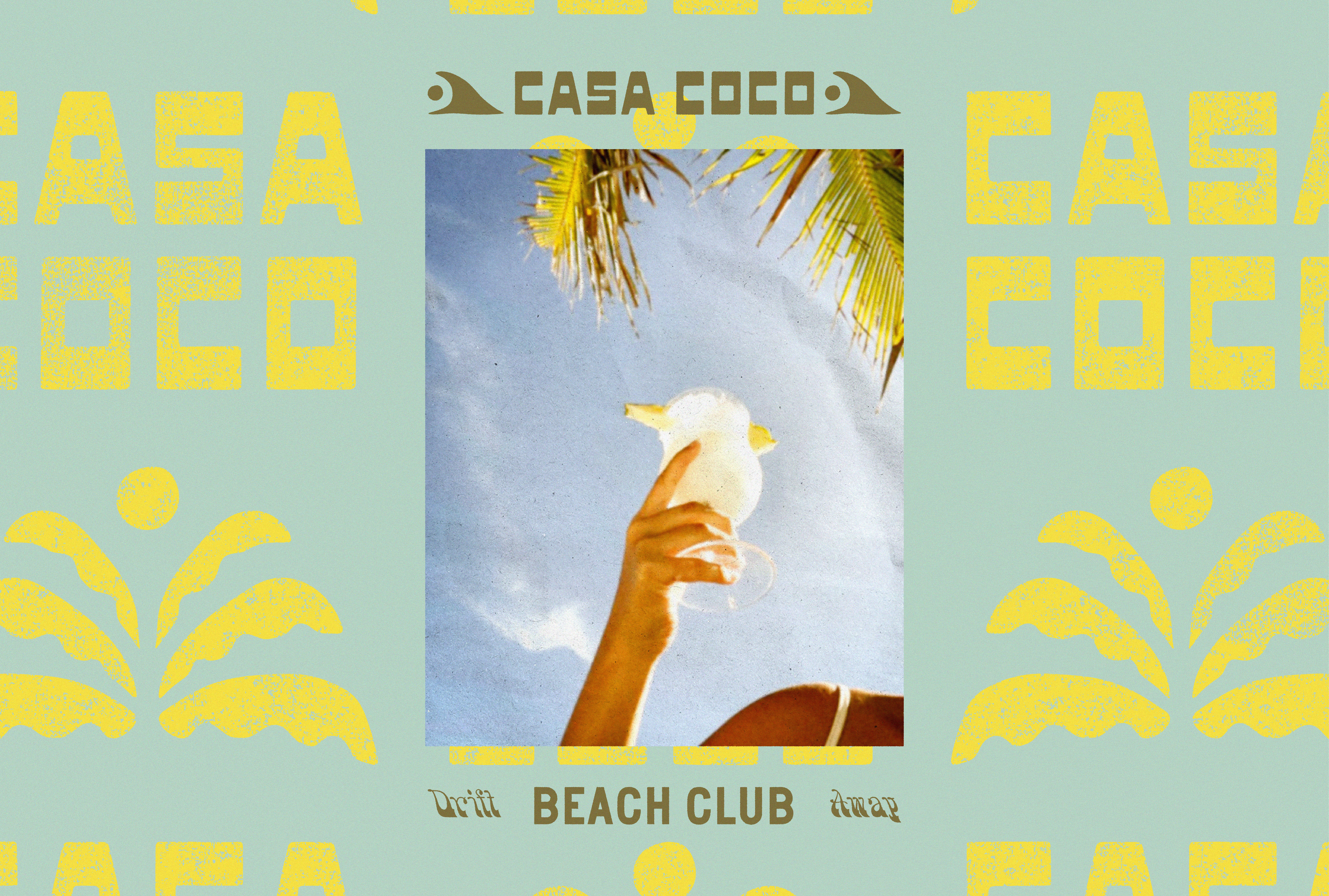 Casa Coco Postcard beach beachbar branding design graphic design illustration logo postcard surfing tiki type vintage