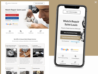 Watch Repair Landing Page big topography branding clean design design dribbble shot graphic design landing page design landingpage lead generation lead generation landing page leads minimal design popular shot typography ui ux vector watch repair landing page wrist watch