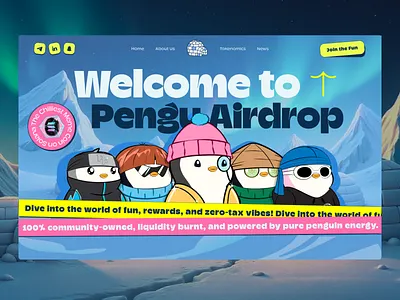 Pengu Airdrop — Fun, Zero-Tax Meme Token Landing Concept blockchain crypto cryptocurrency illustration landing page mem meme meme coin meme coin landing page meme coin website meme landing page meme token memes presale solana uidesign web design website