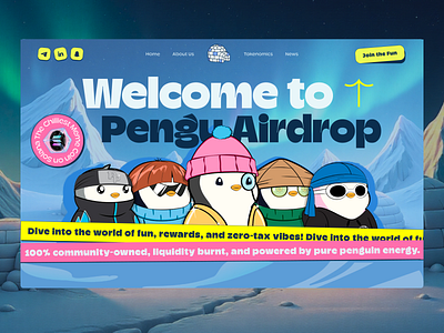 Pengu Airdrop — Fun, Zero-Tax Meme Token Landing Concept blockchain crypto cryptocurrency illustration landing page mem meme meme coin meme coin landing page meme coin website meme landing page meme token memes presale solana uidesign web design website
