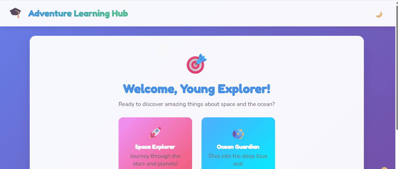 Learning Hub animation chat theme education theme engaging illustration kids learning motion graphics particles playful ui vibrant visuals website