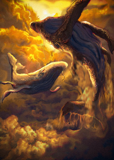 Heavenly Whales creatures fantasy fiction illustration magical mythical painting