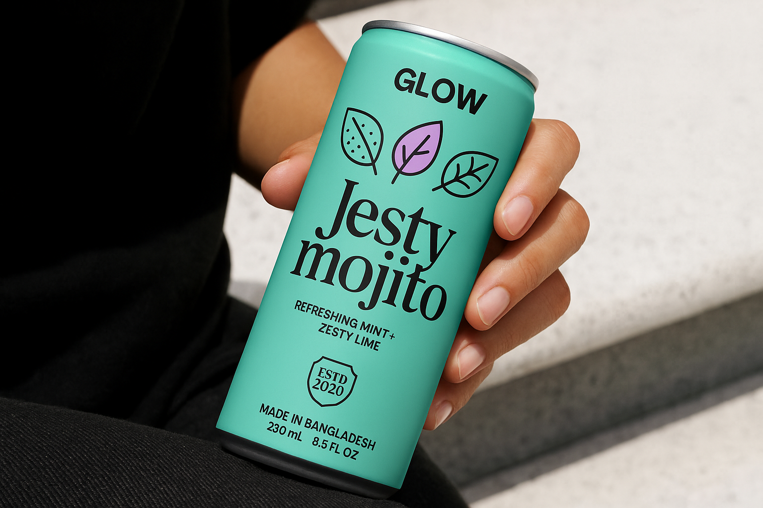 Glow Jesty Mojito – Refreshing Mint & Zesty Lime Drink beverage branding beverage packaging branding design can branding can design drink design drink photography fresh drink minimal design mint and lime mojito packaging design product design product photography summer drink
