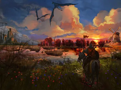 Bannerman character design commissioned art creatures dragons fantasy fiction foliage illustration magical painting scenery warriors