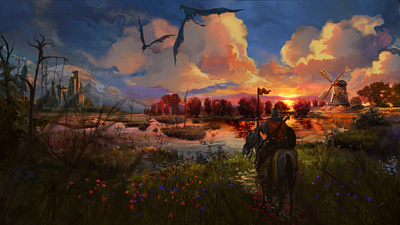 Bannerman character design commissioned art creatures dragons fantasy fiction foliage illustration magical painting scenery warriors