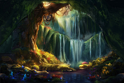 Dream of a Cave fantasy fiction foliage illustration magical mythical painting scenery